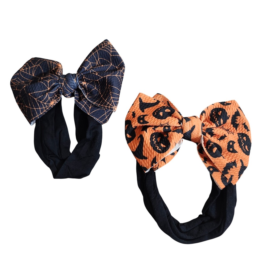 Halloween Baby Headband Set 2pc Oversized Bows Jack-O-Lantern Spiderweb Orange